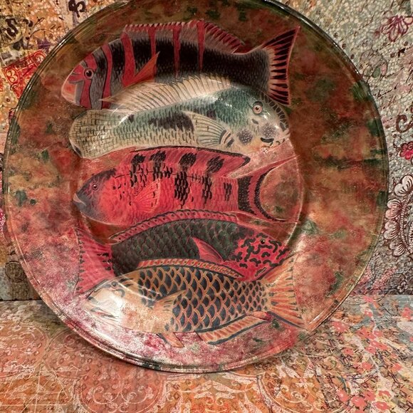 Handmade Reverse Decoupage Glass Plate – Vintage Fish Art  8" One-of-a-Kind - Picture 2 of 3